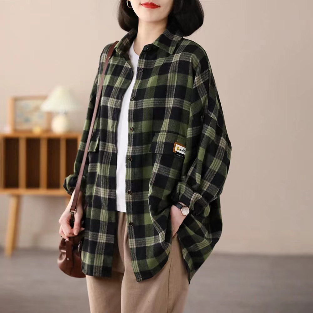 6881春季新款女装文艺格子衬衫大码宽松休闲显瘦衬衣翻领拼接长袖