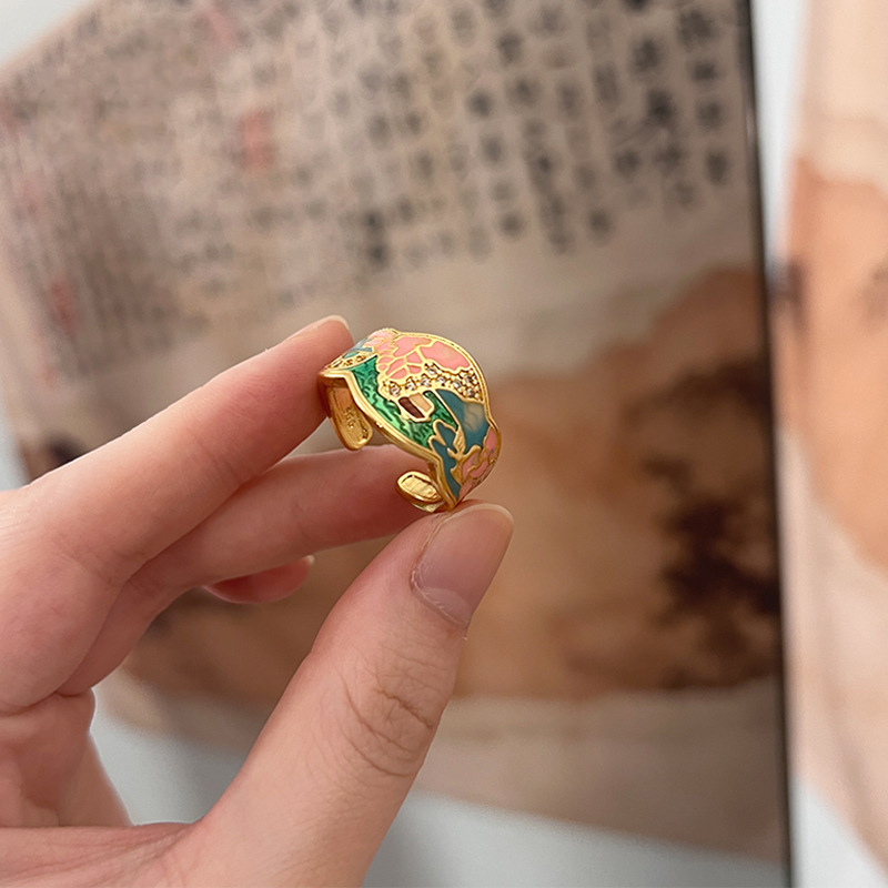 铜合金合成锆石戒指 三生三世十里桃花烧蓝开口戒指8063
