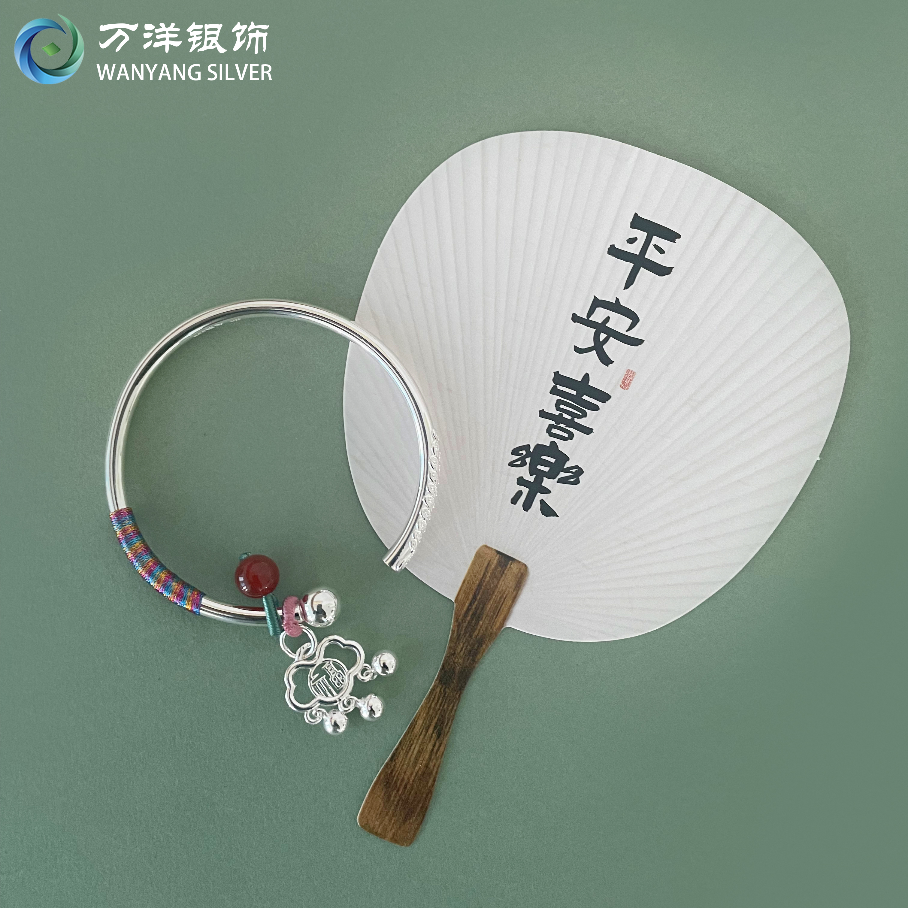 足银手镯 足银999吉言招财开口银镯精美时尚百搭国风手工银镯