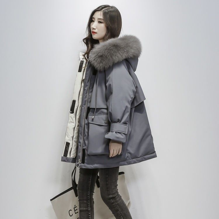 派克服女中长款韩版2024新款棉服服女宽松加厚大毛领棉衣外套