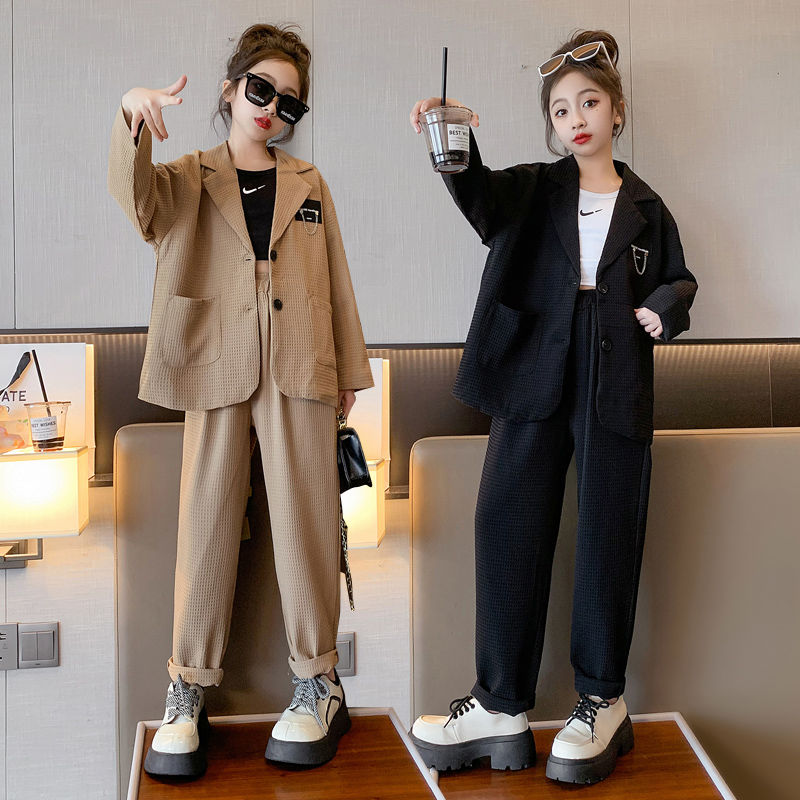 女童秋装西装套装2024春秋新款女孩中大儿童装网红韩范炸街潮衣服