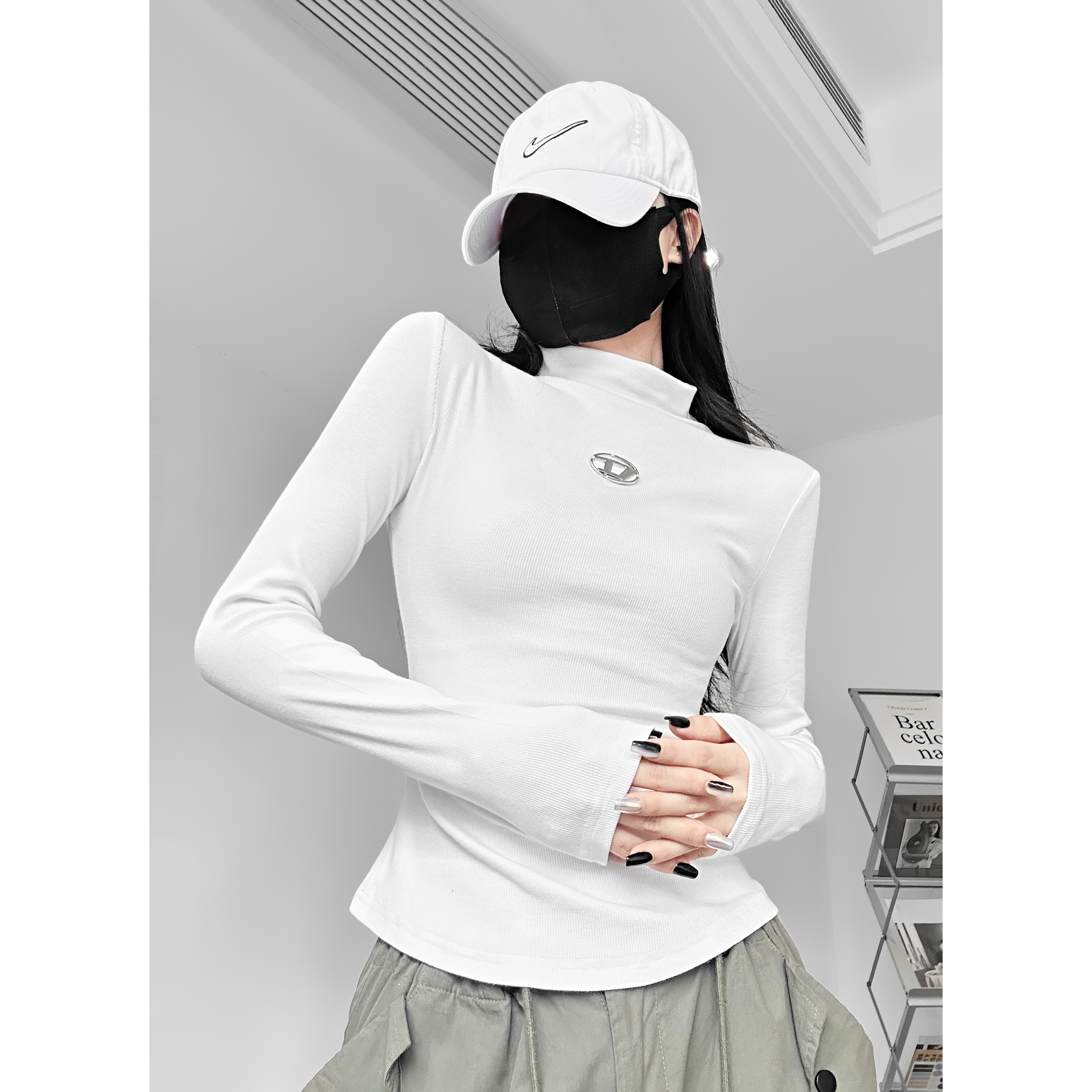 夏春茶美式辣妹半高领套头长袖T恤女2024春季修身打底衫休闲上衣