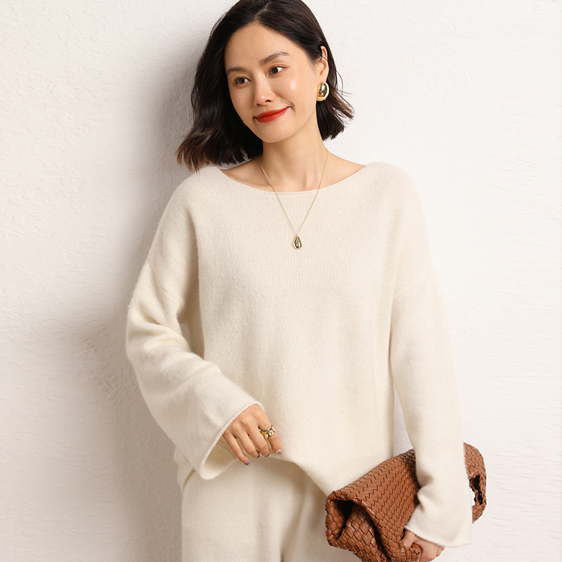 370克7针2股平面山羊绒一字领羊绒衫慵懒风宽松型长袖羊毛衫秋冬