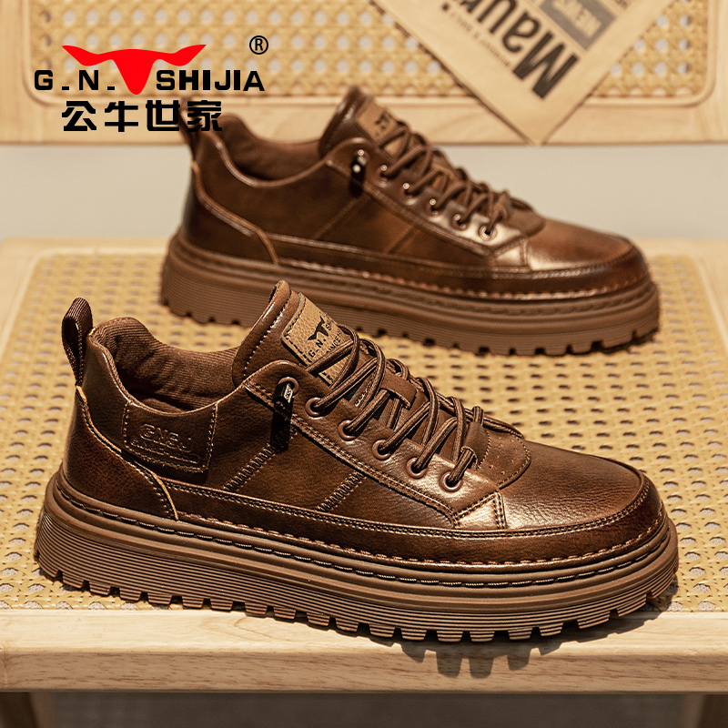 公牛世家男鞋春秋英伦复古低帮工装板鞋时尚休闲百搭厚底增高皮鞋