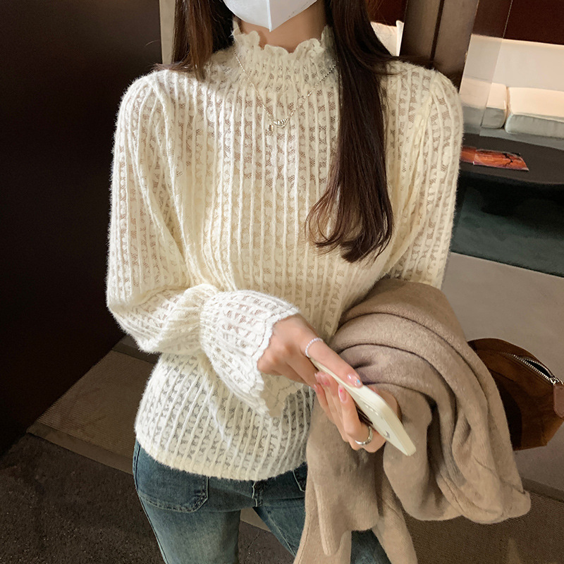 白色设计感蕾丝半高领长袖打底衫秋冬气质内搭小众别致洋气上衣女