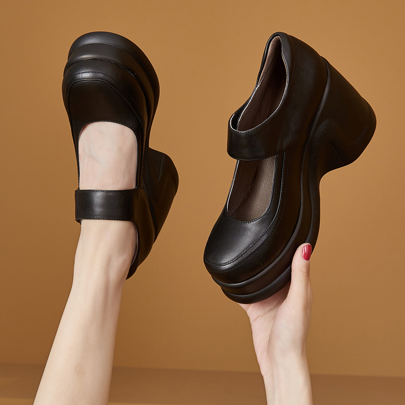 单鞋女2025新款气质配裙子真皮魔术贴松糕厚底小个子高跟玛丽珍鞋