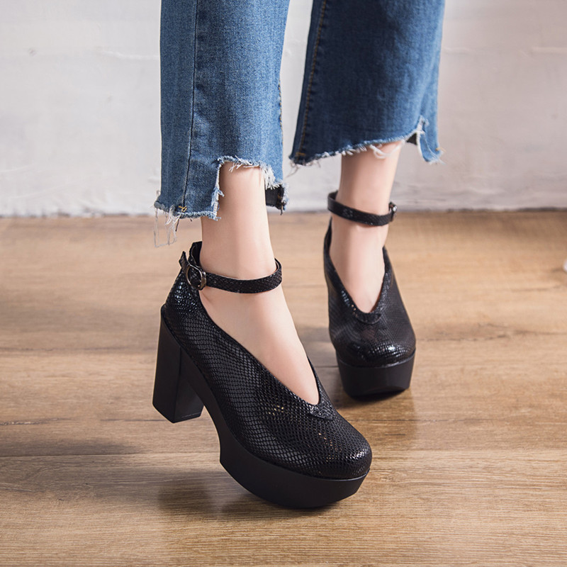 2025春季新款复古百搭真皮厚底防水台小个子高跟职业鞋粗跟单鞋女