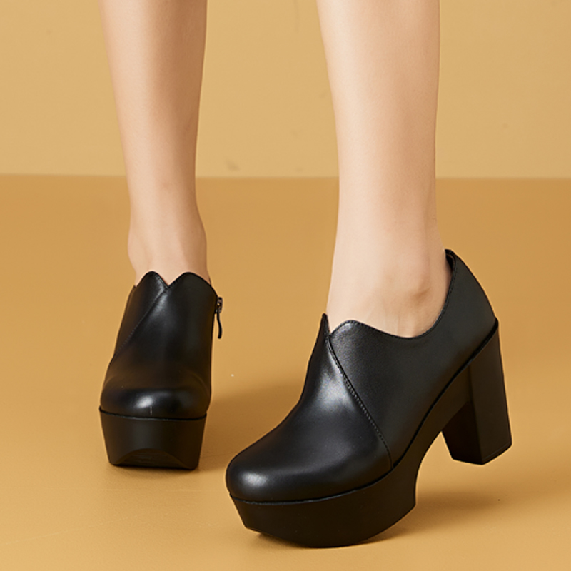 高跟鞋女气质高级不累脚厚底防水台通勤粗跟配裙子深口单鞋女真皮