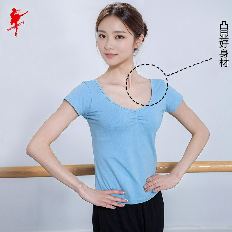 红舞鞋 薄棉前抽带鸡翼袖上衣 舞蹈服装练功短袖 广场舞半袖38502