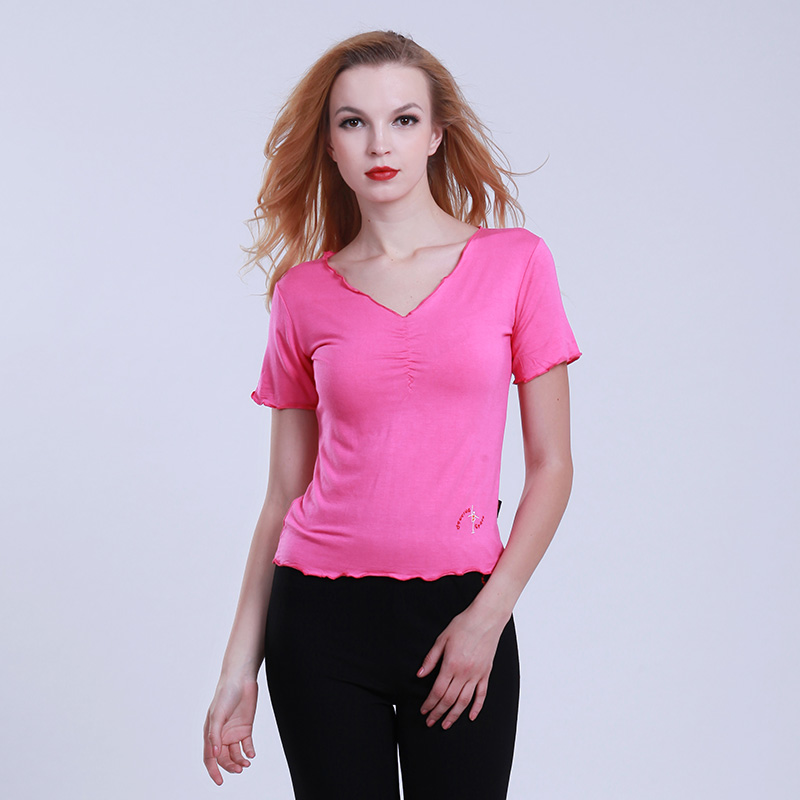 红舞鞋舞蹈服丝光棉现代舞短袖前抽带上衣拉丁舞T恤练功服SG12028