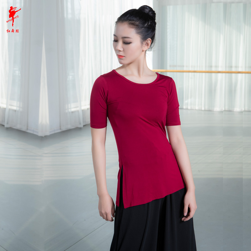 红舞鞋3580现代舞蹈服女成人练功服丝光棉开衩短袖宽松广场舞服装