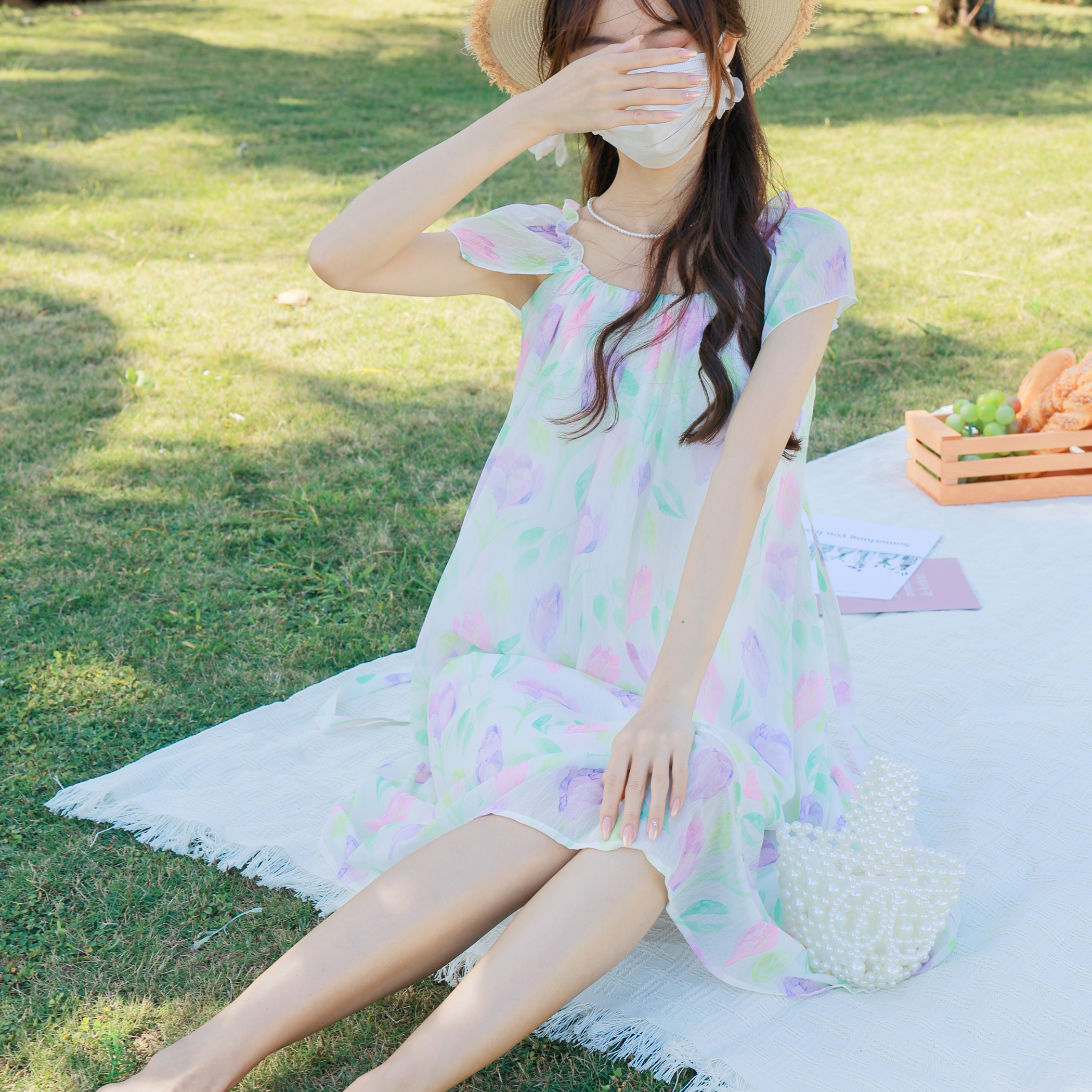 繁花心语 花崎鹿甜美印花连衣裙春夏新品宽松遮肉中长款气质裙子