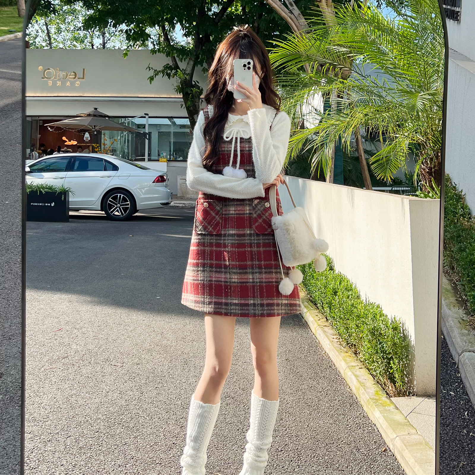 花崎鹿原创玛德琳女孩连衣裙格纹毛呢裙法式千金感宽松复古冬