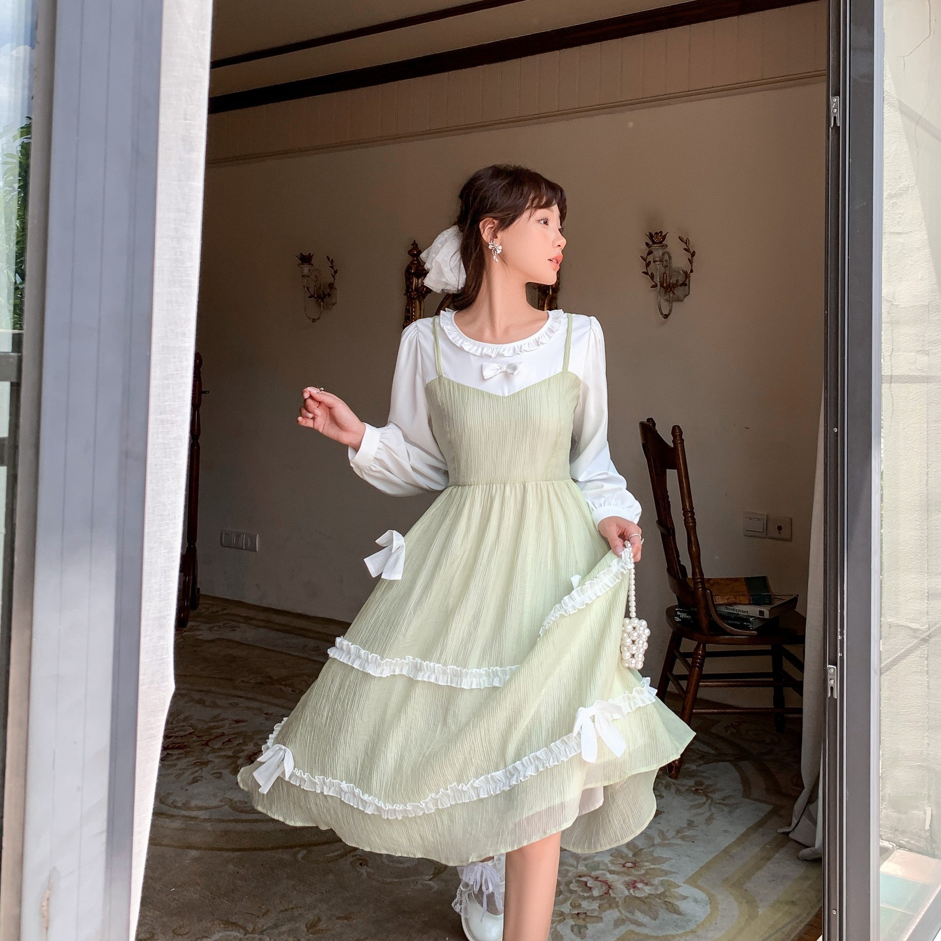 花崎鹿秋日幻想 原创设计小众假两件连衣裙早秋新款长袖法式