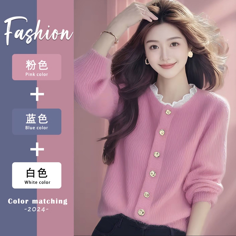 2025年春季韩系穿搭设计感针织衫长袖上衣高级感小香风粉色毛衣女