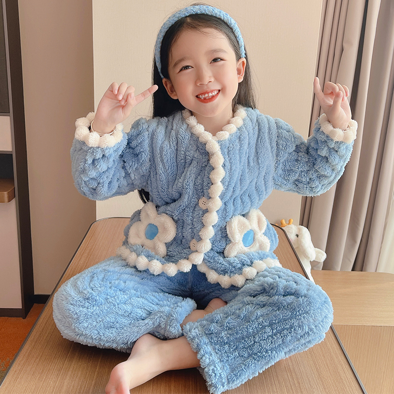 新款女童睡衣冬款珊瑚绒加厚秋季儿童法兰绒中大童女孩家居服