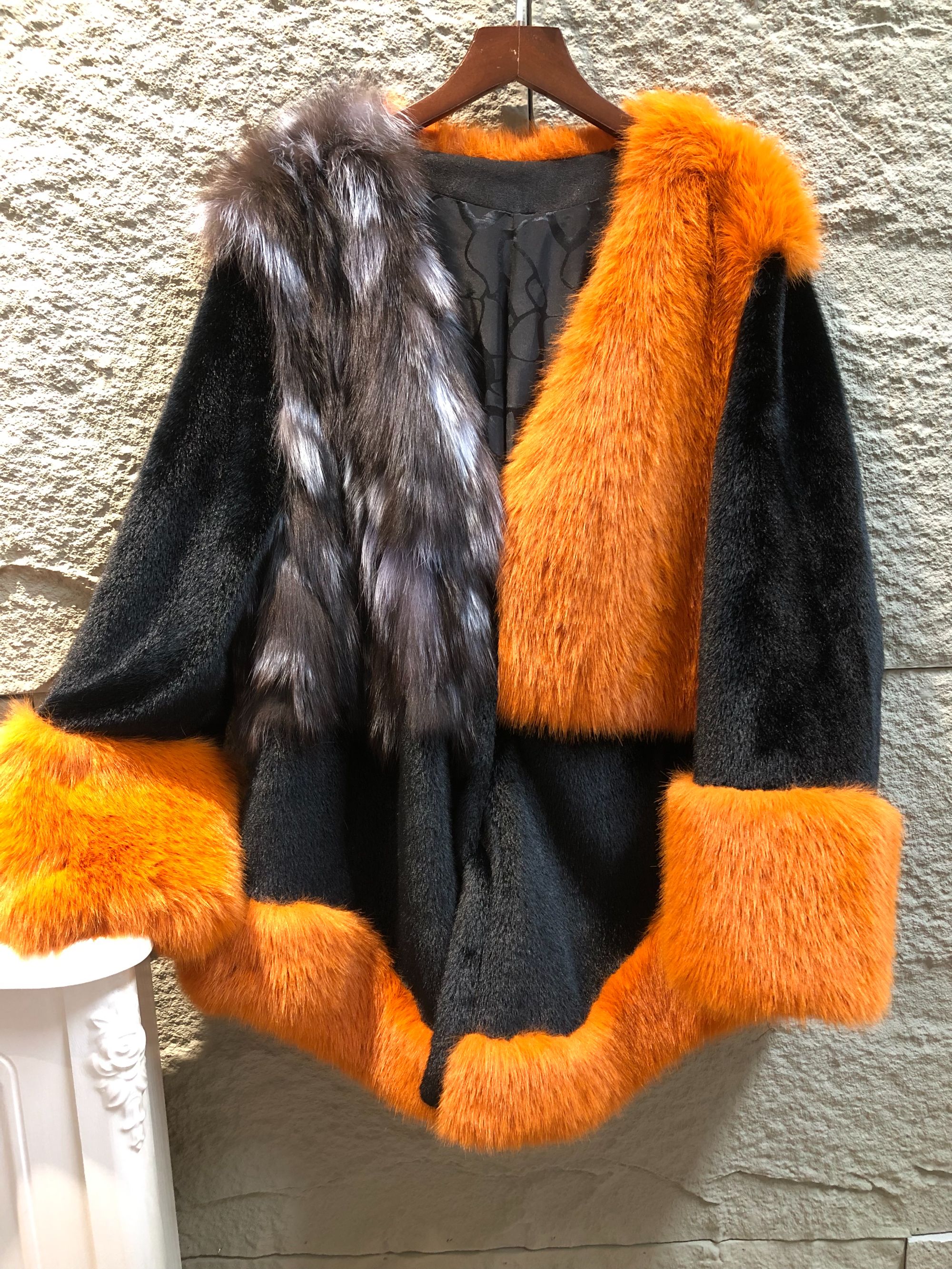 冬季时尚穿搭保暖拼接撞色皮草休闲外套女P0121橘色