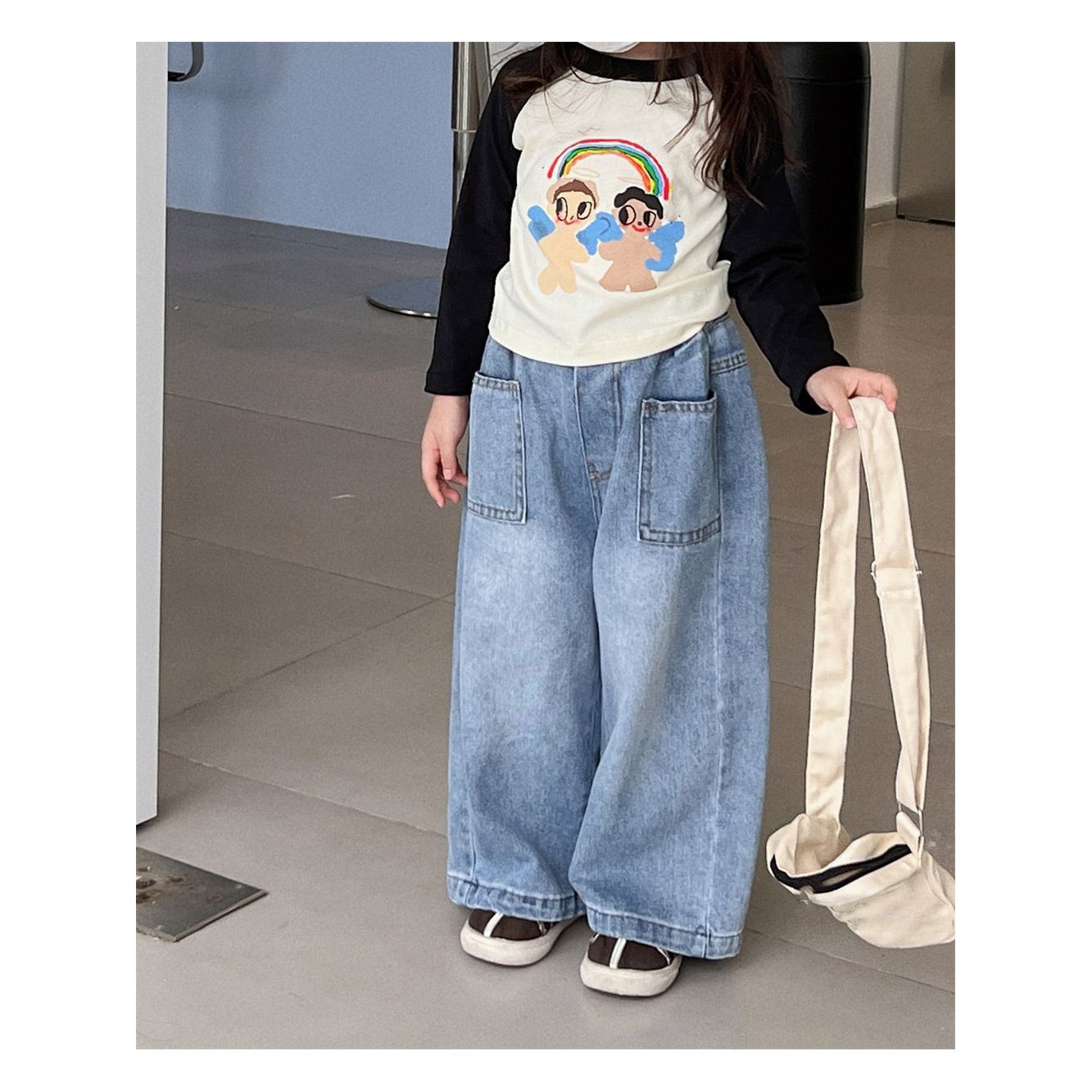 儿童大口袋牛仔阔腿裤春秋款女童宽松休闲裤宝宝韩版直筒裤童装潮