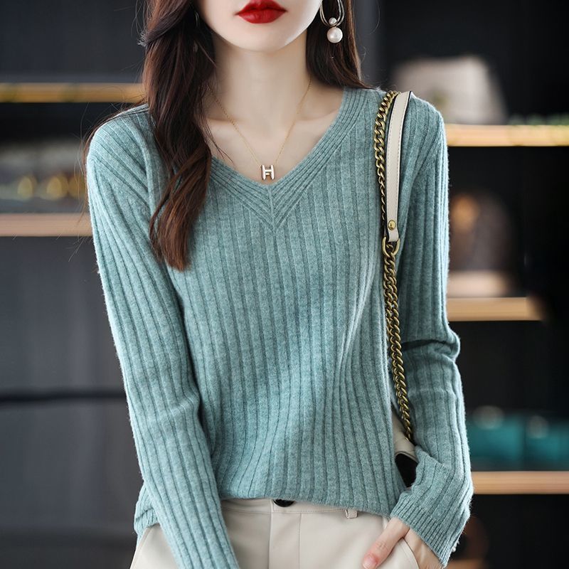 2900春季新款长袖针织打底衫女V领毛衣套头洋气内搭毛衫百搭外穿