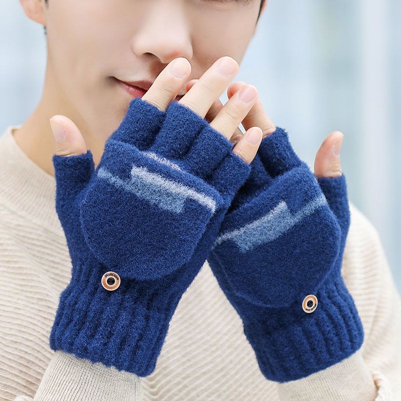 男士半指翻盖保暖手套加厚拉绒学生办公冬天防寒骑行露指包指两用