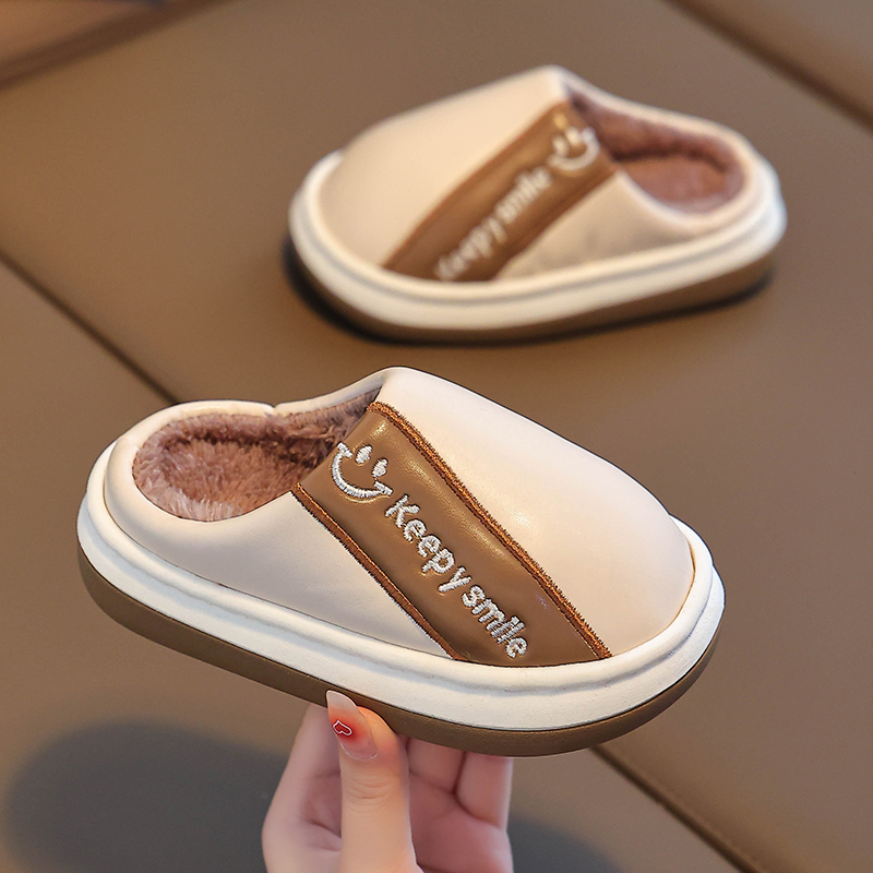 儿童棉拖鞋男童冬季新款pu皮面防水防滑居家外穿中大童保暖毛拖鞋