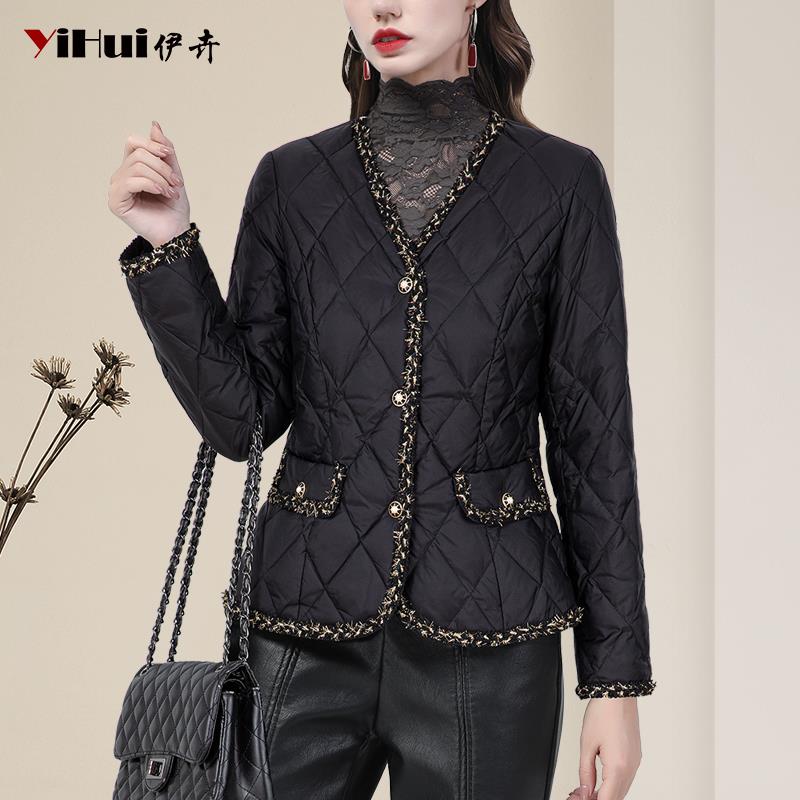 YIHUI伊卉秋冬白鸭绒小香风羽绒服外套女短款黑色轻薄款WI243950