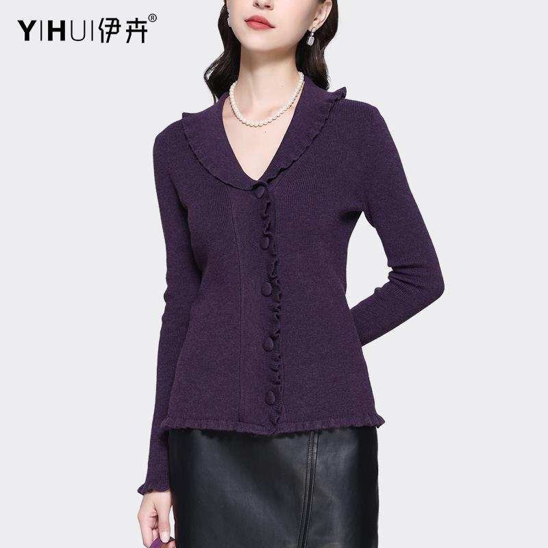 YIHUI伊卉欧货翻领针织衫开衫女新款长袖木耳边时尚百搭SG230898