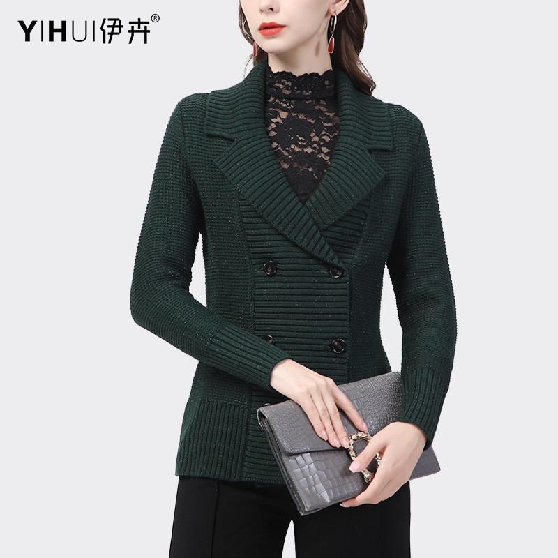 YIHUI伊卉西装领双排扣毛衣外套女修身显瘦针织衫开衫外搭WE19901