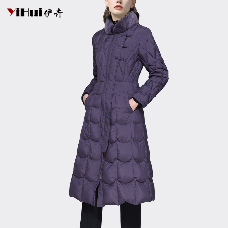 YIHUI伊卉新中式长款过膝羽绒服外套女冬加厚保暖白鸭绒WG230813