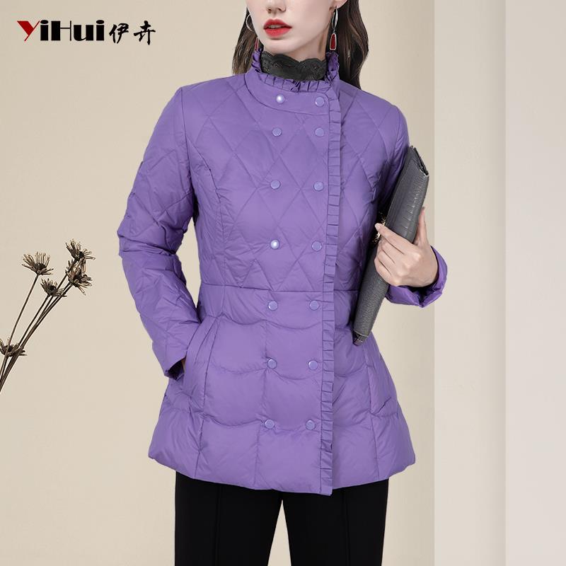 YIHUI伊卉羽绒服女中长款外套木耳边立领修身外衣轻薄款WJ245035