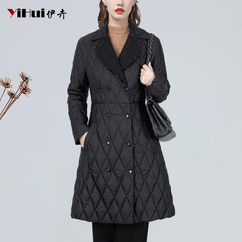 YIHUI伊卉羽绒服女长款外套西装领白鸭绒防寒双排WH243622