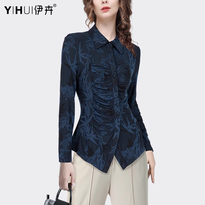 YIHUI伊卉2025衬衣秋装弹力印花衬衫上衣女收腰显瘦长袖SH243690