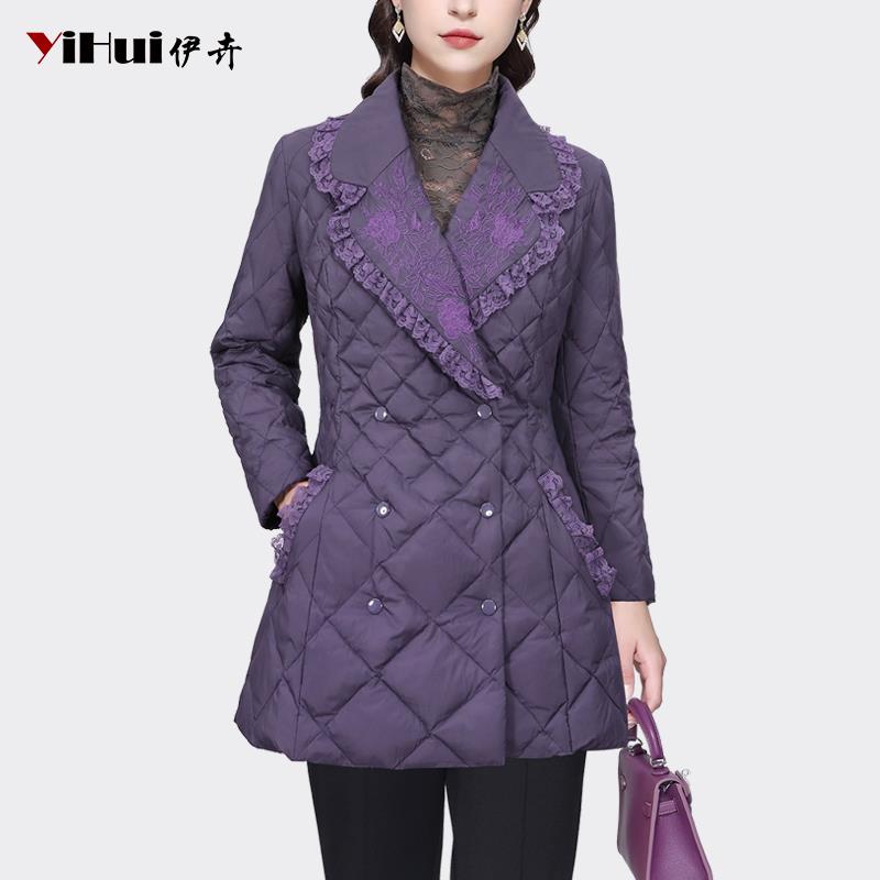 YIHUI伊卉西装领绣花中长款白鸭绒羽绒服时尚木耳边保暖WH231793