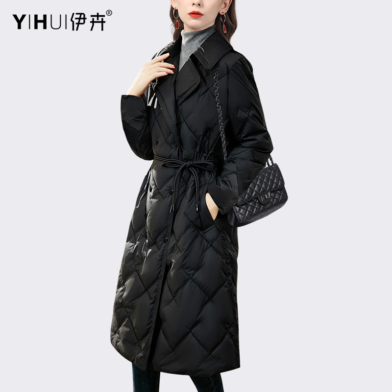 YIHUI伊卉西装领收腰羽绒服女中长款白鸭绒外套冬季新款WK22609