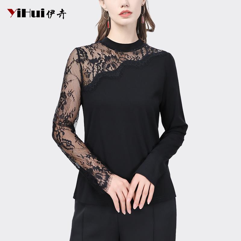 YIHUI伊卉针织衫女长袖上衣拼接蕾丝打底衫气质镂空小衫SH231837