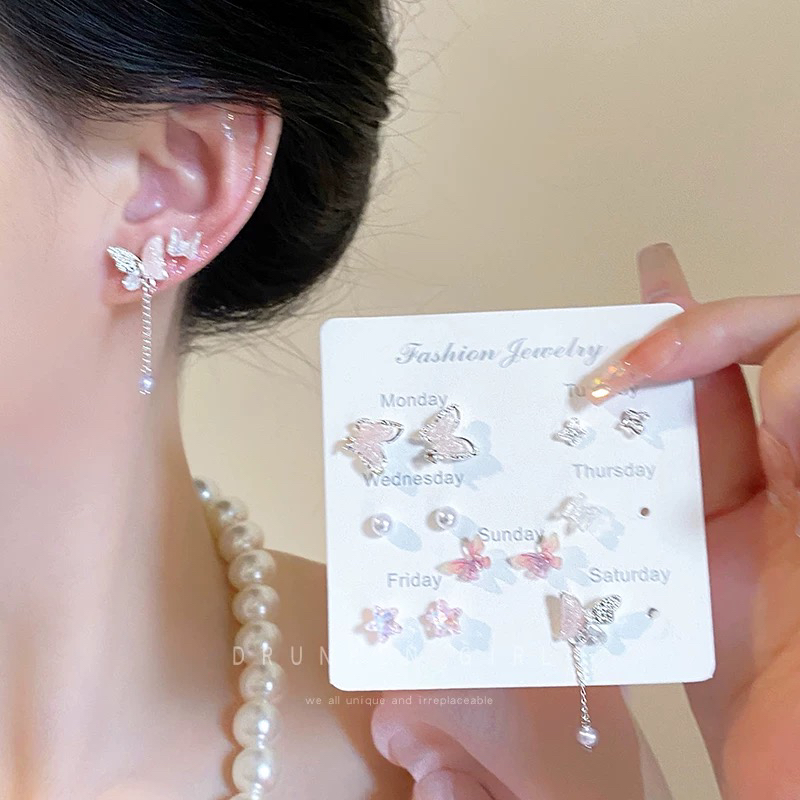 铜合金耳饰 1018七天不重样小清新蝴蝶简约一周套装女耳饰送闺蜜