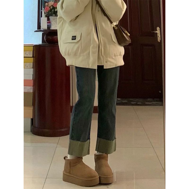 高腰弹力卷边直筒牛仔裤女秋冬2023爆款显瘦显高九分裤窄版烟管裤