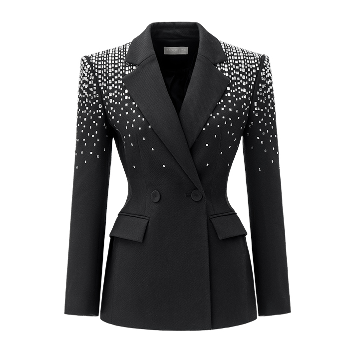 MAGGIEMA马婧设计师款暗夜黑亮闪闪西装套装烫钻干练飒美西装242C