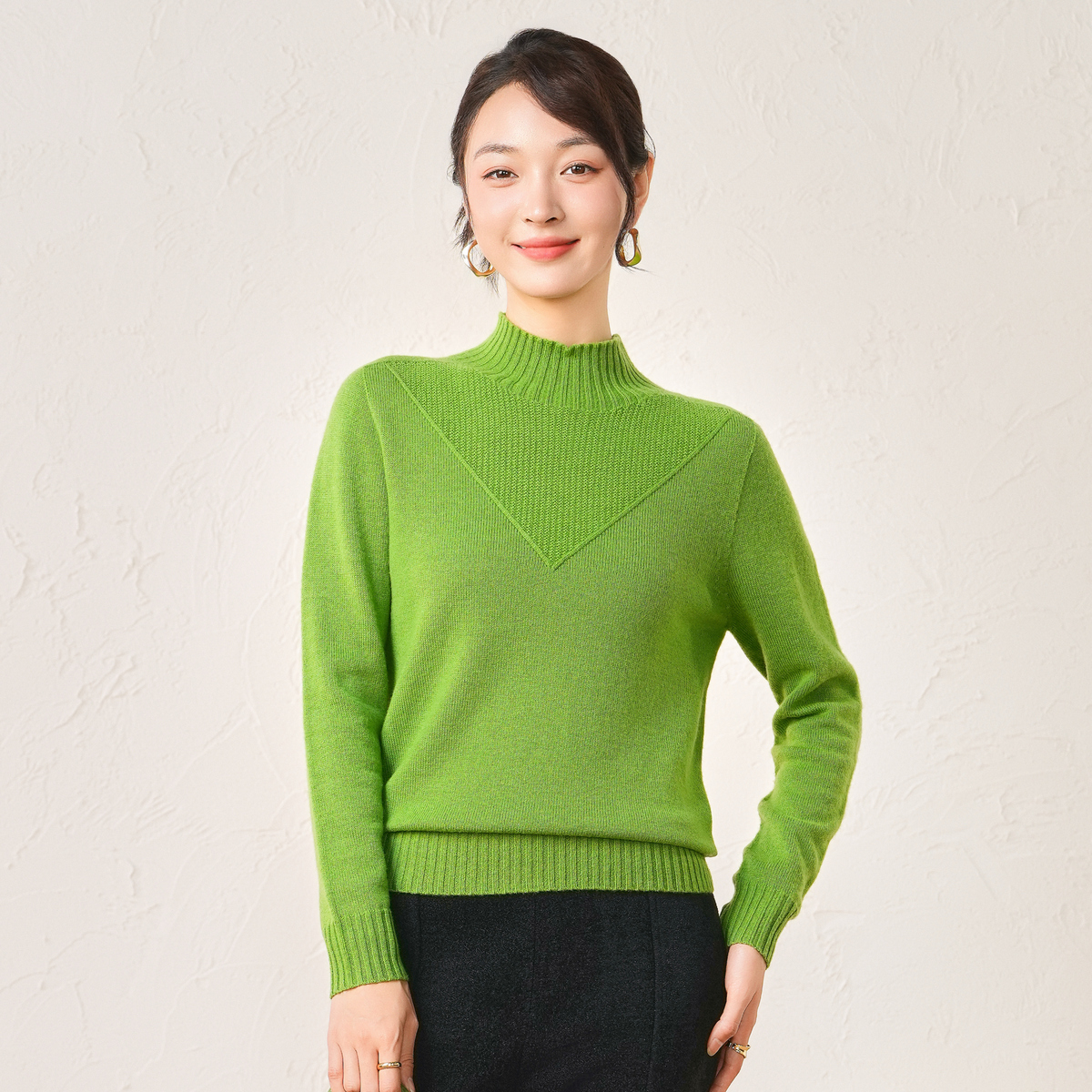  春竹秋冬新款羊毛衫纯色线条装饰半高领女套衫100%绵羊毛上衣