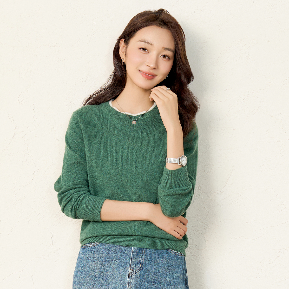 春竹冬季新款针织打底衫休闲保暖圆领毛衣女士长袖羊绒衫