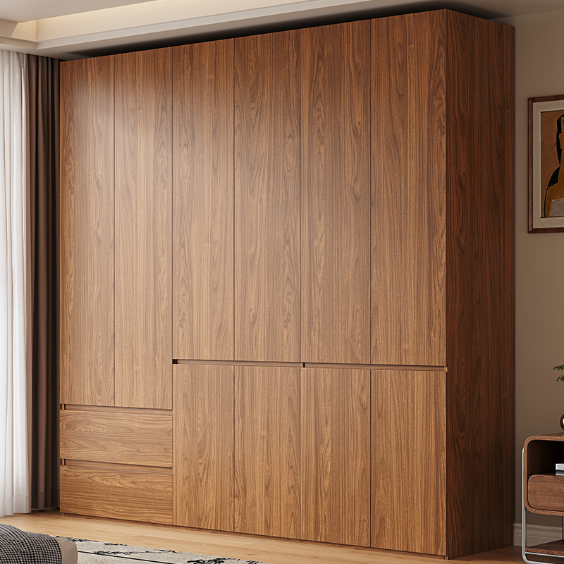 胡桃木色平开门衣柜卧室家用简约现代上下抽屉柜子储物成品大衣橱