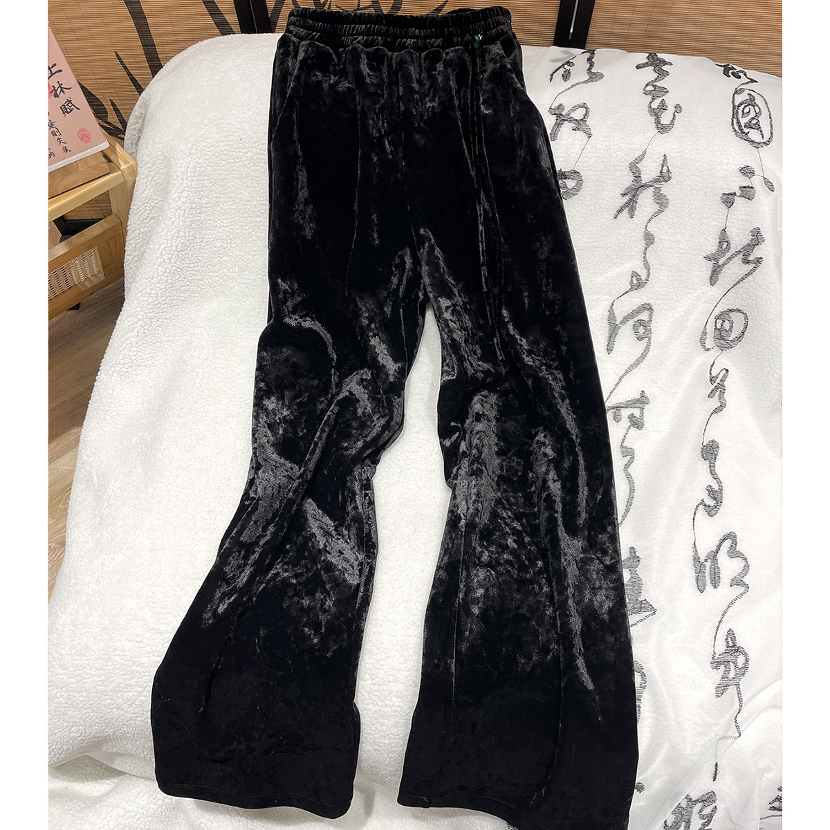 新中式国风盘扣加绒裤子2024冬季时尚休闲阔腿印花重工提花长裤