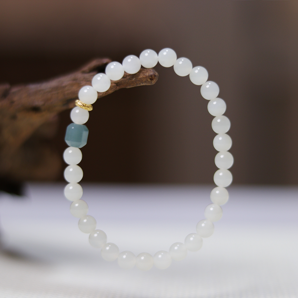 和田玉白玉手串·6mm配翡翠蓝水八楞珠·18K金镶·SHT3002