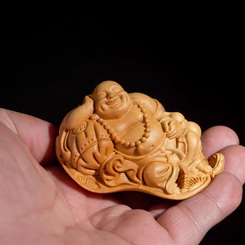 小叶黄杨木雕刻蒲扇弥勒佛手把件实木雕刻随身把件工艺品