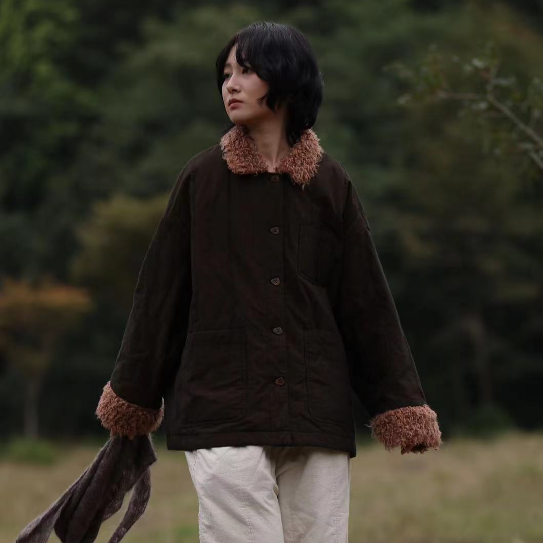 荼33737秋冬领口袖口拼接加厚夹棉保暖翻领棉袄