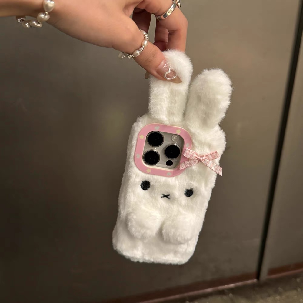 秋冬趣味可爱毛绒长耳朵兔手机壳适用iPhone16promax苹果15/12/14