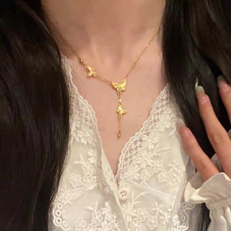 铜合金项链 三只镭射蝴蝶项链流苏锁骨链百搭套链久不掉色