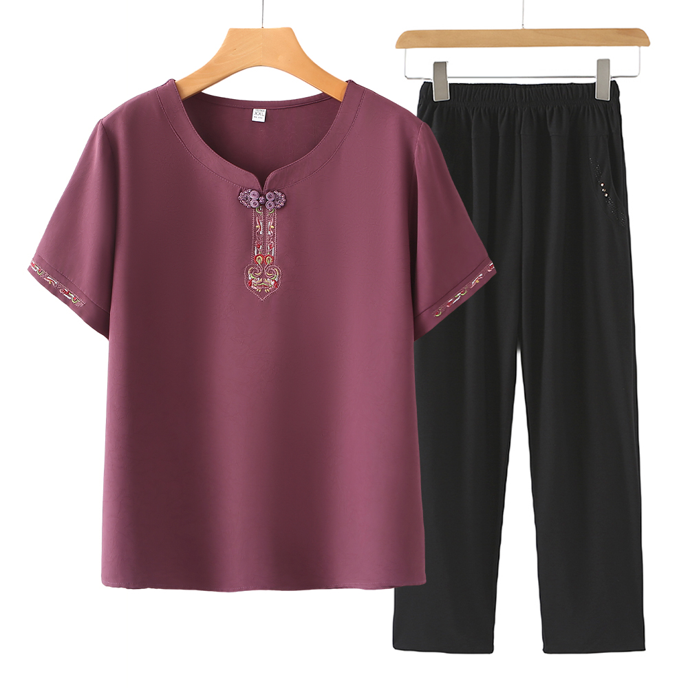 中老年女装夏装新款短袖T恤刺绣盘扣民族风妈妈套装老太太两件套