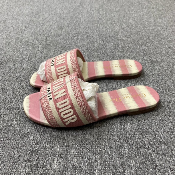 全新未使用 DIOR/迪奥 摆放品/35码/粉白条纹标语拖鞋/BF00686