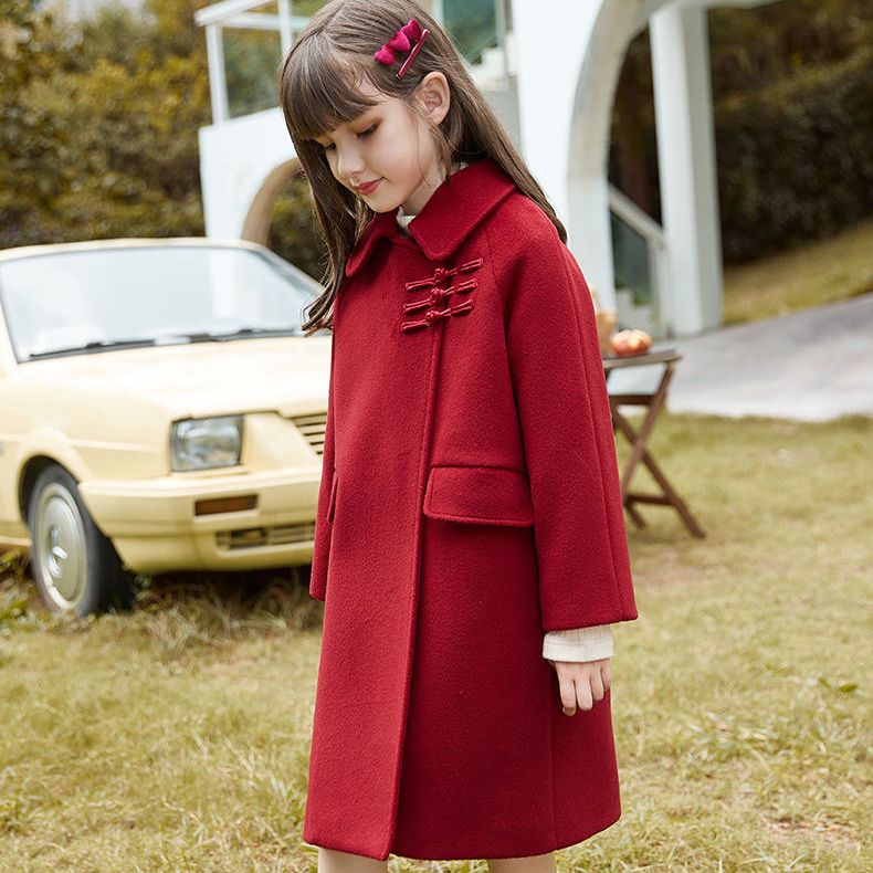 童装女童外套儿童呢子大衣拜年服中长款红色2023新款大童女孩洋气